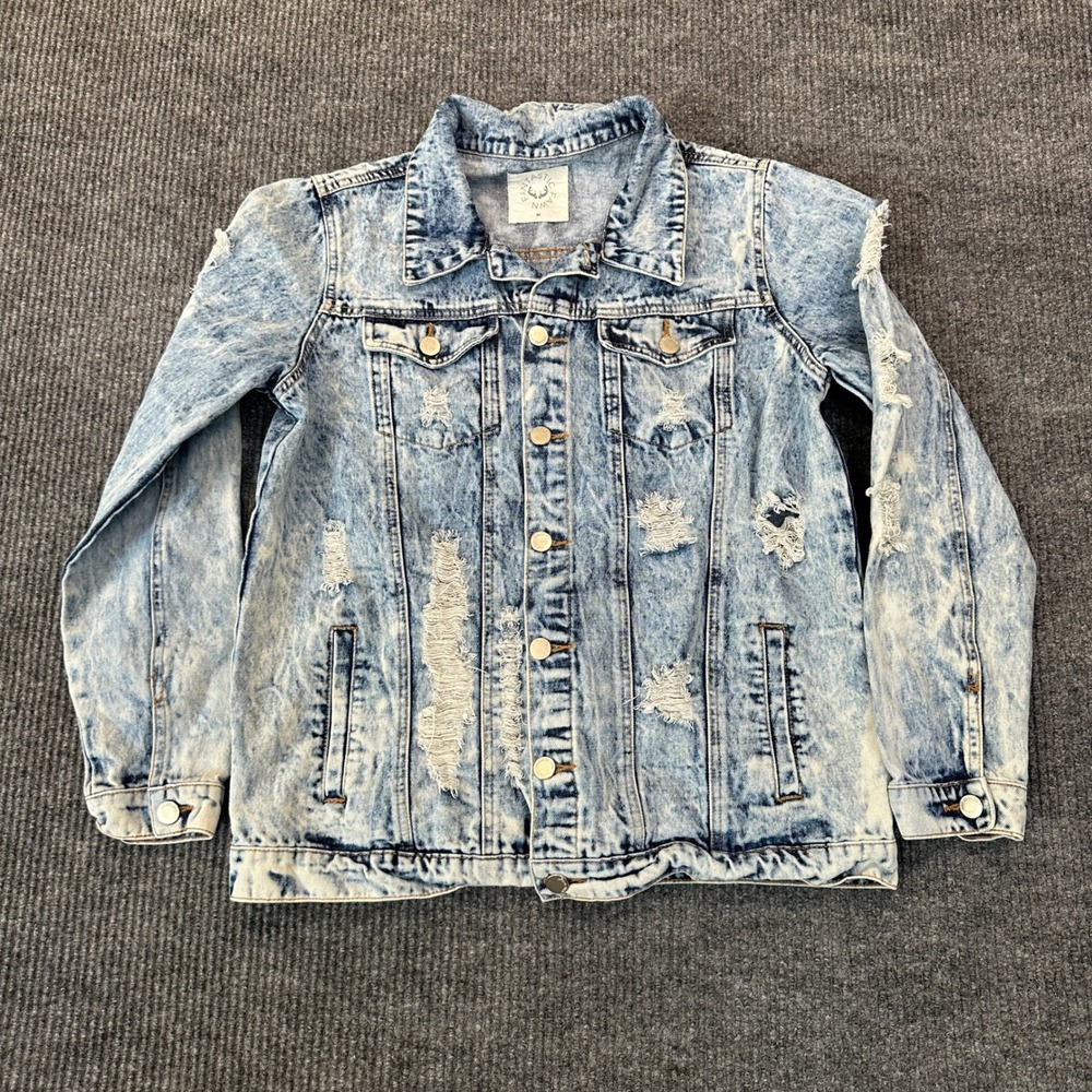 Fantastic Fawn Womens Distressed Denim Jacket M Blue Acid Wash Shredded Cotton